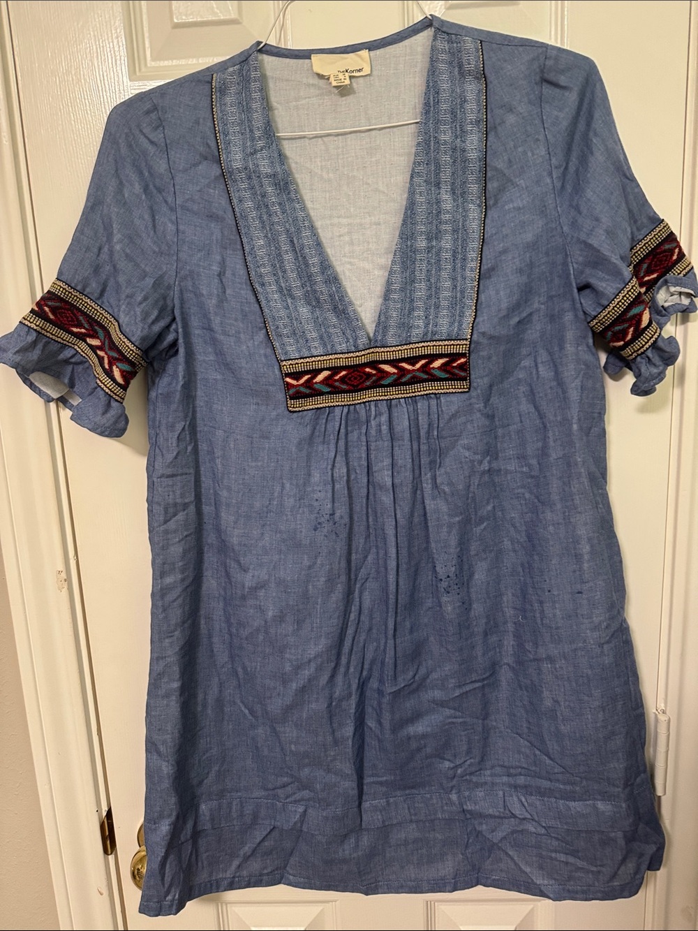 Unknown Brand Blue Embroidered V-Neck Midi Dress
